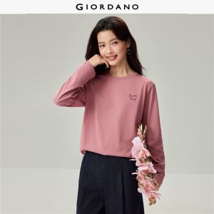 Giordano Beau Monde Women Puppy embroidery crewneck long sleeve cotton tee Free Shipping 13326795