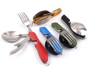 Tablespoon 6 In 1 Foldable Spoon Knife fork bottle opener Stainless Steel pocket Kits Outdoor Camping Multi Purpose Tool