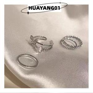 HUAYANG01 [HOT FASHION] ชุดแหวนเปิดสไตล์ฮิปฮอปพังค์3ชิ้น 4ชิ้นแหวนสตรีแหวนโลหะผีเสื้อ