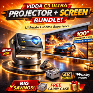 Projector and Screen BUNDLE | 4K Projector + Top-quality Motorized Black Crystal Screen | Commercial Use Only
