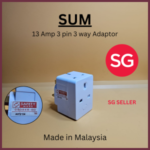 Ready stock in SG. SUM 13 Amp 3 pin 3 way Adaptor with Singapore Safety Mark. Made in Malaysia