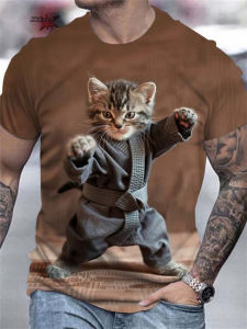 Mens 3D Samurai Cat Graphic Animal Printed T-Shirt Summer Fashion Casual Outdoor Round Neck Short Sleeved T-Shirts for Men