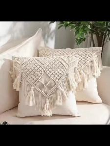 Beige Boho Crochet Tassel Throw Pillow Cover Farmhouse Style Cushion Case For Sofa Bed And Living Room Decor (Pillow Not Included)