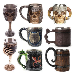 【Fans Tone】Retro Horn Skull Resin Beer Mug Stainless Steel Skull Knight Tankard Halloween Coffee Cup Viking Tea Mug Pub Bar Decoration