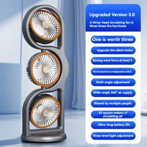 3 Head Circulation Fan With Night Light 360° Silent Desk Fan USB Rechargeable Office Desktop Fan Portable Cooling Fan