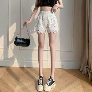 AMMIN กางเกงขาบานผู้หญิงเอวสูงยางยืดทรงหลวมกางเกงขาสั้นผ้าแจ็คการ์ดลูกไม้จีนใหม่ฤดูร้อน2024ปักลายดอกไม้