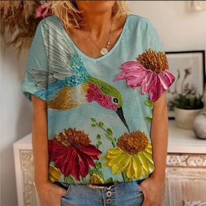 [Local Stock] ZEEMIN Summer Bird Hummingbird 3D Print T-shirts Women New Fashion Streetwear Short Sleeve V-Neck T Shirt Harajuku Tees Tops Clothing