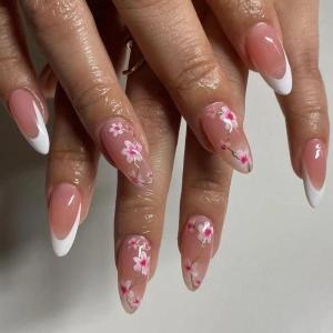24 Pcs French Tip Full Cover False Nail Flowers Press On Nail Medium Almond Stick On Nail Acrylic Nail for Daily