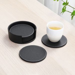 HUYAN 6Pcs ทนความร้อนทน ที่รองแก้วหนัง กันลื่น ธุรกิจสำหรับธุรกิจ แผ่นรองชา/กาแฟ ทนทานต่อการใช้งาน พร้อมฐานรอง แผ่นรองเครื่องใช้บนโต๊ะอาหาร อุปกรณ์สำหรับห้องครัว