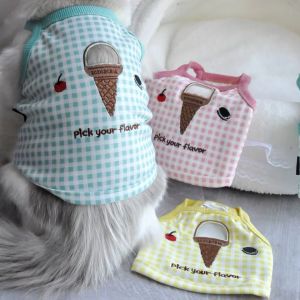 Dog Puppy Cat Small Dog Korea Ice Cream Dessert Pink Yellow Green Cotton Cute Checkered Crop Short Singlet Sleeveless Top Shirt