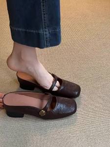Height-Increasing Retro One-Strap Closed-Toe Mules For Women New Summer Style Soft Leather Slip-On Mules For Outdoor Wear