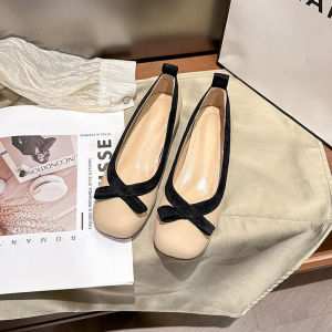 Giày bệt nữ phong cách Pháp giá khuyến mãi 2024 Giày đế mềm tăng chiều cao mùa xuân và thu mới 5CM Giày ballet nông bằng da thật có nút bướm cho bà