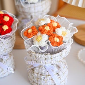 Finished Crochet Flowers Bouquet Handmade Bouquet Valentines Gift Wedding Decor Knitted Flower Bouquet with Gift Bag