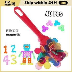 Montessori Colorful Clear Bingo Chips Teaching Plastic Coins Cognitive Math Science Educational Learning Toys for Children Magnetic Bingo Wand Metal Chips Kids Sorting Game