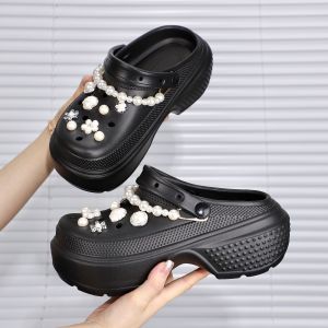 [Free Shipping] WomenS Height-Increasing Clogs Summer Outdoor Wear Thick-Soled EVA Fashion New Style Pearl And Rhinestone Sandals WomenS Two-Way Wear Sandals