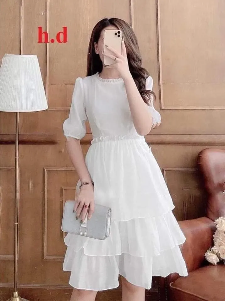 Váy voan trắng 3 tầng tay lỡ / Đầm trắng kỷ yếu dáng xoè tay nơ xinh |  Shopee Việt Nam