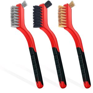 3Pcs Wire Brush SetNylon/Brass/Stainless Steel Bristles Brush with Curved Handle Grip for Cleaning RustDrillDeep Dirt