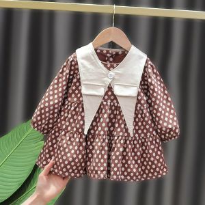 KID FASHION Dress Gaun Lengan Panjang Anak Perempuan Katun Polka O-Neck Kancing Korean Style 1-4 Tahun