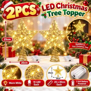 SG Ready Stock 25CM LED Christmas Tree Topper Star 15LED Warm White Battery Powered Xmas Tree Decoration