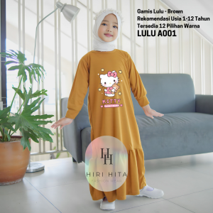 Hirihita Lulu A001 Baju Gamis Lulu Anak Perempuan Creep Spandek Sablon Helo Kity Sanrioo 12 Pilihan Warna Hitam Maroon Salem Biru Navy Ungu Lilac Fuschia Pink Cokelat Bata 1-12 Tahun