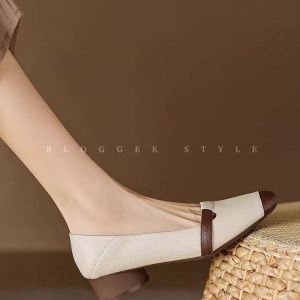 Free Shipping Soft Leather Shallow-Toe Women’S Shoes Square Toe Soft Sole Chunky Heel Mid-Heel Soft Leather Retro Style Women’S Shoes 2026 Spring New Collection