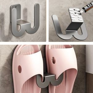 Wall Mounted Shoes Rack with Sticky Hanging Strips Aluminum Bathroom Slippers Rack Wall Mounted No Punch Free Toilet Door Back Wall Drainage Hook Shoes Storage Shelf