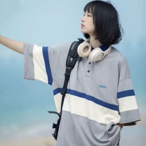 T-Shirt Polo Kemeja Longgar Lengan Pendek Wanita Warna Kontras Jahitan Atasan Lengan Lima Titik Pullover Semua Pertandingan