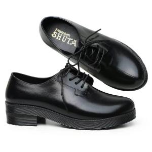 Womens Cuban Heel Lace-Up Black Shoes with Round Toe and Plain Pattern for All Seasons - Comfortable Fit for Work and Play 0125523
