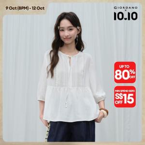 Giordano Women Lace panel pintuck tie neck 3/4 sleeve blouse Free Shipping 18346719