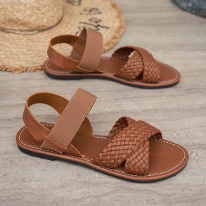 [Free Shipping] Summer Flat Sandals Large Size Open-Toe Elastic Solid Color Slip-On Fashionable WomenS Shoes