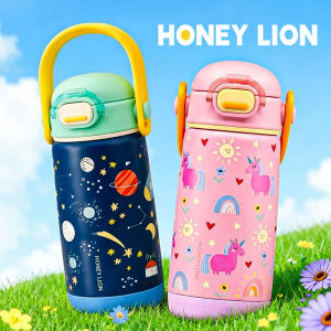 HoneyLion - Kids Insulated Water Bottle 410ml SUS 304 Stainless Steel Anti Scald Pressure Release Lid Straw Tumbler for Girls