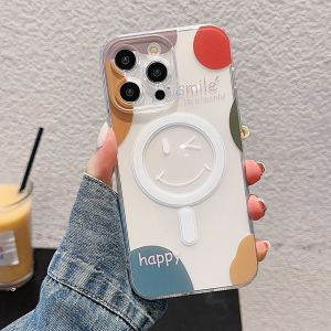 CrashStar เคสโทรศัพท์นิ่มแบบใสใสลาย Happy Smile สำหรับ iPhone 15 14 Pro Max Plus 13 12 11 Pro Max เคสโทรศัพท์ชาร์จไร้สายพร้อมเลนส์ป้องกันกล้องคลุมทั้งหมด