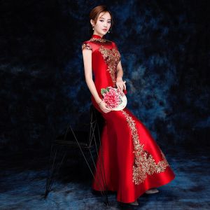 QZ92 runway cheongsam banquet evening dress with fish tail embroidery and sequins for slimming back lace up dress