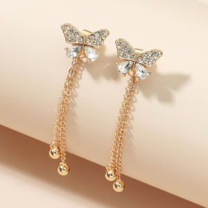 Korean Crystal Butterfly Earrings Hypoallergenic Gold Crystal Long Tassel Earring for Women Gift