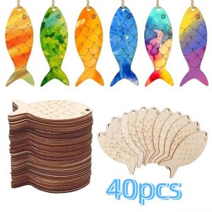 FLEURS 40PCS Blank Wooden Fish Cutouts Sea Animal Unfinished Painted Fish Ornaments Kids Drawing Toys DIY Crafts Fish Wall Decor Home Decor