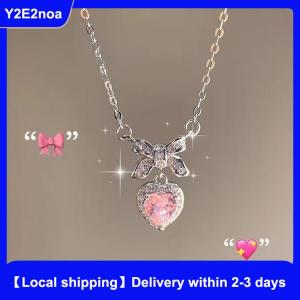 【Local shipping】 Zircon Bowknot Heart Pendant Necklaces Pink Heart Ladies Girls Fashion Elegant Clavicle Chain For Women Jewelry
