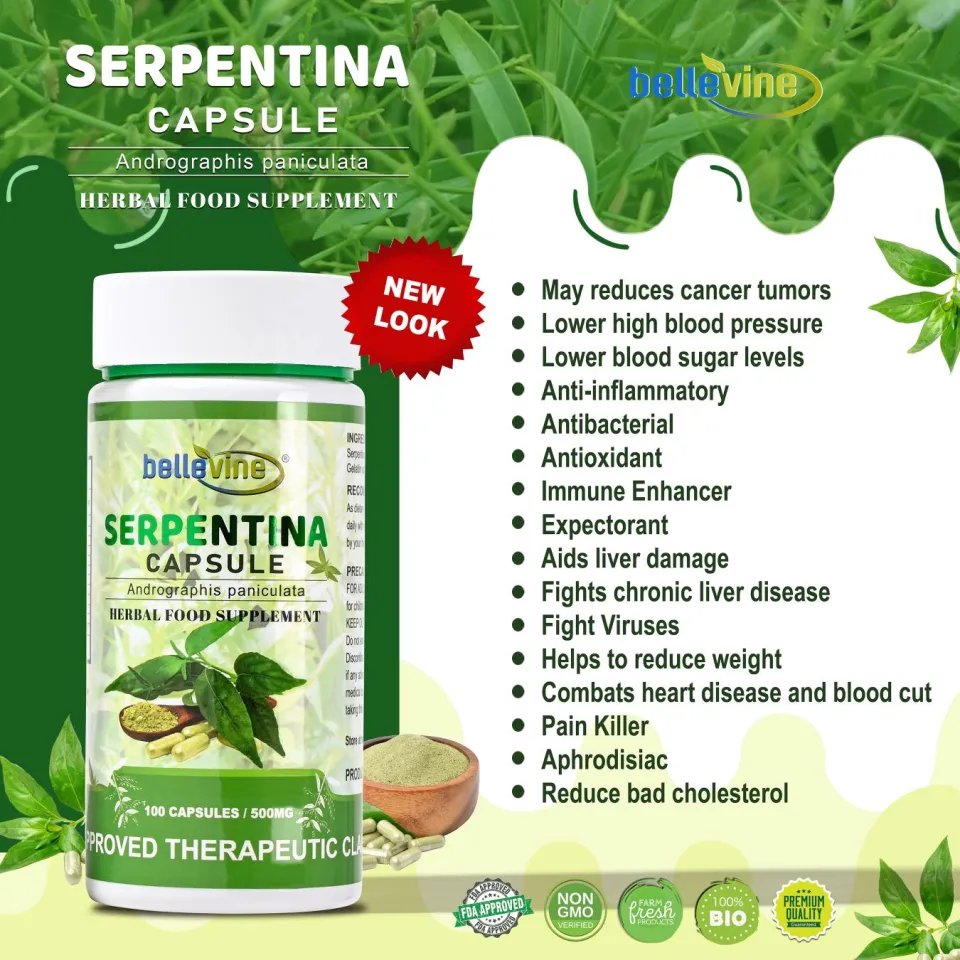 Bellevine Serpentina Supplement Capsules 500mg Bottle of 100 FDA