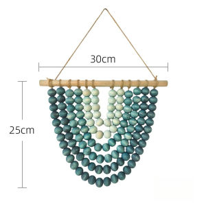 Nordic Gradient Blue Wood Bead Wall Hanging Hemp Rope Macrame Wall Ornament for Bedroom Living Room Homestay Decor