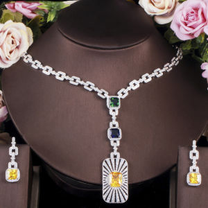 Sepj Super หรูหราคิวบิกเซอร์โคเนียหลากสีโล่หินหยดจี้ยาวสร้อยคอต่างหูดูไบแต่งงานชุดเครื่องประดับสำหรับเจ้าสาว SJ257