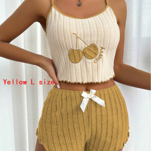 1 Set Summer Womens Pajama Set Casual Style Sleeveless Camisole Vest Shorts Home Wear Cherry Patterned Embroidered Pajamas