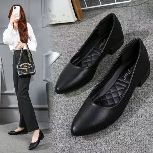 Free Shipping Leather Pointed-Toe Chunky-Heel Flat Shoes Professional WomenS Shoes Black Work Shoes Soft-Soled Leather Shoes For Bank And Hotel Work New Model