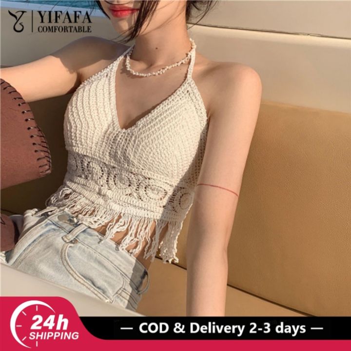YIFAFA【Delivery 2-3 days】 Crochet Top For Women Swimsuit Bra Knitted Swimwear Beach Wear Outfit With Pad Underwear