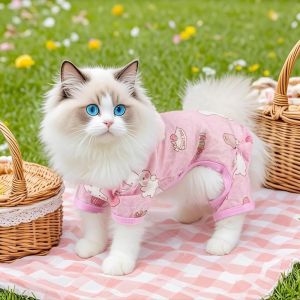 DECALE Cartoon Print Cat Cooling Jumpsuit Breathable Mesh Ultra-thin Pet Four-legged Clothes Weaning Suit Sun Protection Dog Sunscreen Clothes Summer Wear