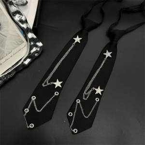 OKKFINE Pre-tied Punk Neck Tie Vintage with Star Chain Streetwear Cravat Japanese Neckwear JK Neck Tie Uniform Shirt