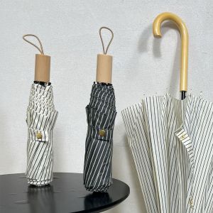 PTK52 INS Striped Folding Umbrella Sun Rain Dual-Use Windproof Mini Sunshade Umbrella Practical UV Protection Hand Operated Parasol Beach Use