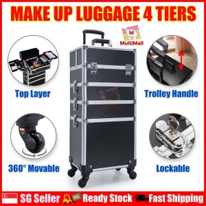 Make Up Luggage 4 Tiers - Black with Battery and Mirror | Make up Organiser Bag Cosmetics Technician Train Box Professional 3 in 1| Make Up Organiser| Luggage| Make Up Organiser| Make Up Storage Box| Make Up Storage