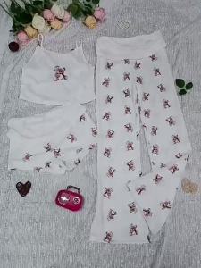 Girls Bear Short Strap Pajamas Womens Summer Slim Vest Short Pants Three-Piece Homewear Set