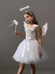 Umorden Halloween Sparkling Guardian White Angel Costume Cosplay for Girls Child Tutu Dress + Wings + Halo Wand Full Set 2-12Y2026