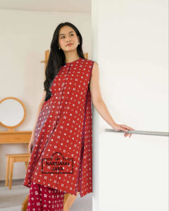 SANDANG JAYAA - Sehasta Long Vest Tunik Batik Cap Atasan Wanita Terbaru Outfit Lebaran Kondangan Cantik Trendy - Warna Navy Putih Tosca Bata Dusty - By Batik Solo