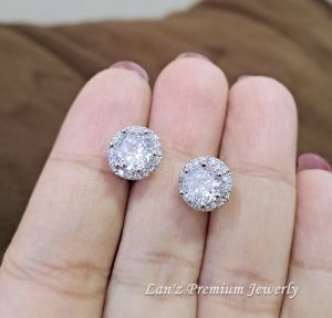 Anting Perak Tusuk Solitare Bulat Kristal Premium Titanium 18K (Silver)
